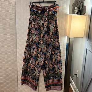 Beautiful abstract print tube top pants romper with cut out, tie front detail